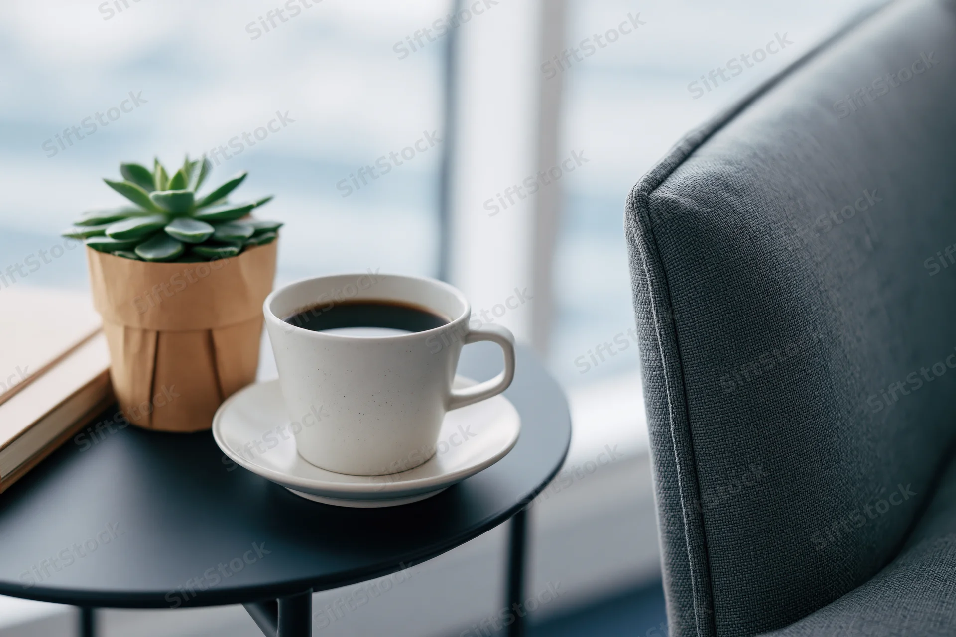 White ceramic coffee cup with black coffee on a black side table beside a gray chair, with a potted succulent and a book nearby, near a window in a modern interior
