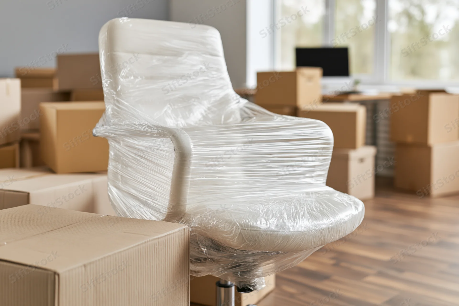 White office chair wrapped in clear plastic shrink wrap among cardboard boxes in an office space