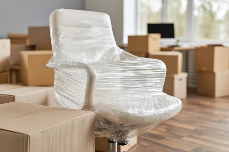 White office chair wrapped in clear plastic shrink wrap among cardboard boxes in an office space