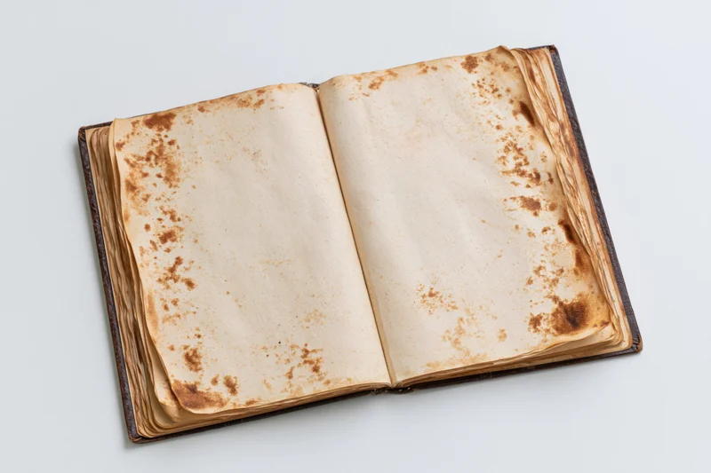 Open antique book with blank aged pages lying flat on white surface