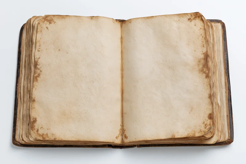 Open antique book with blank aged pages lying flat on white surface