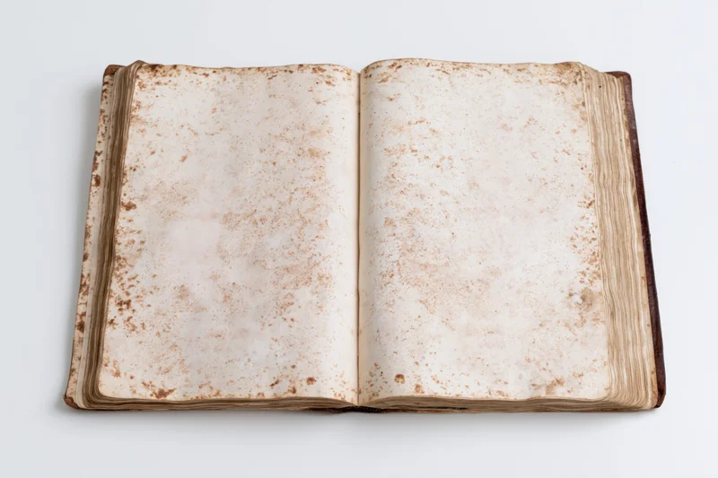 Open antique book with blank stained pages lying flat on white surface