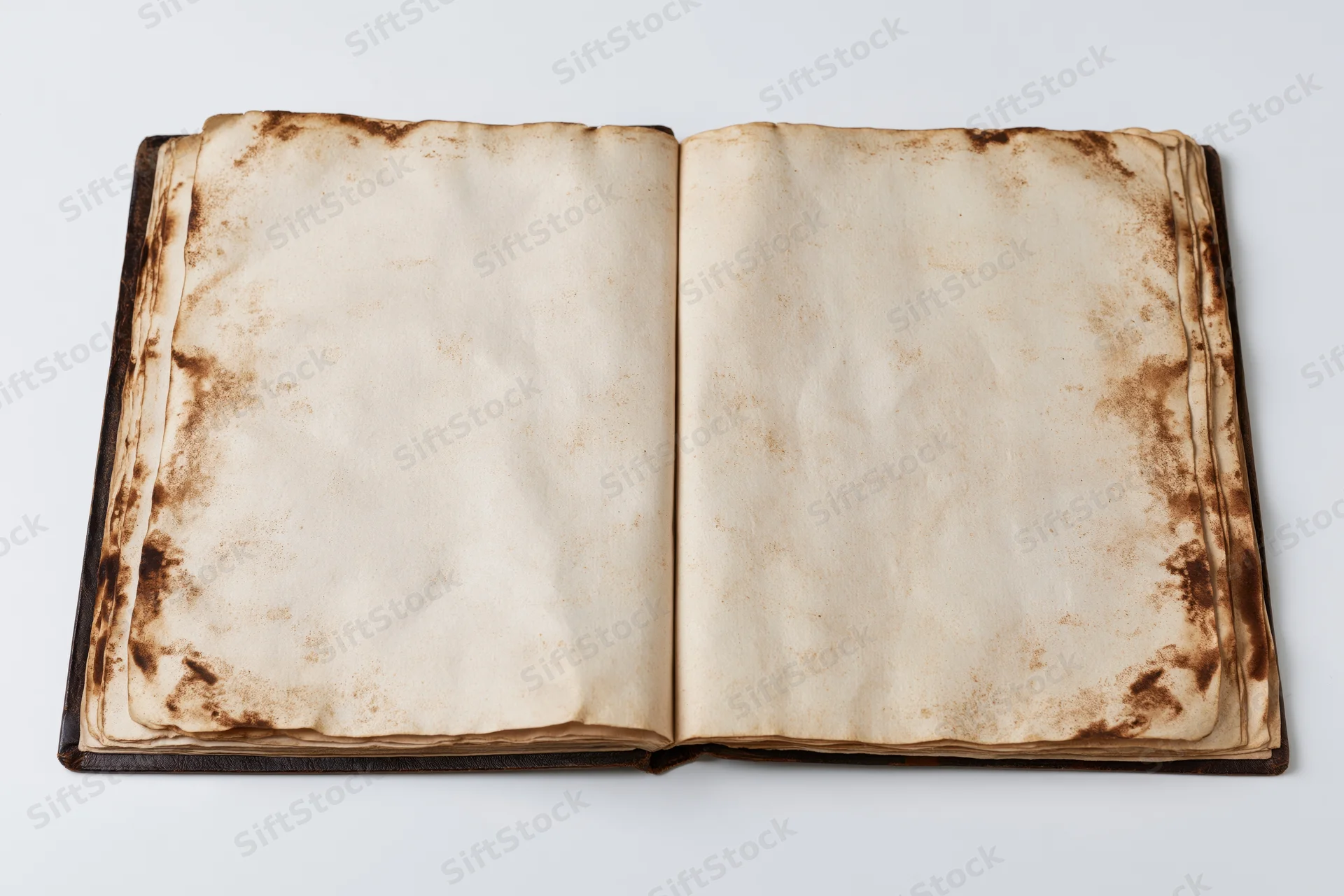 Open antique book with blank stained pages lying flat on white background