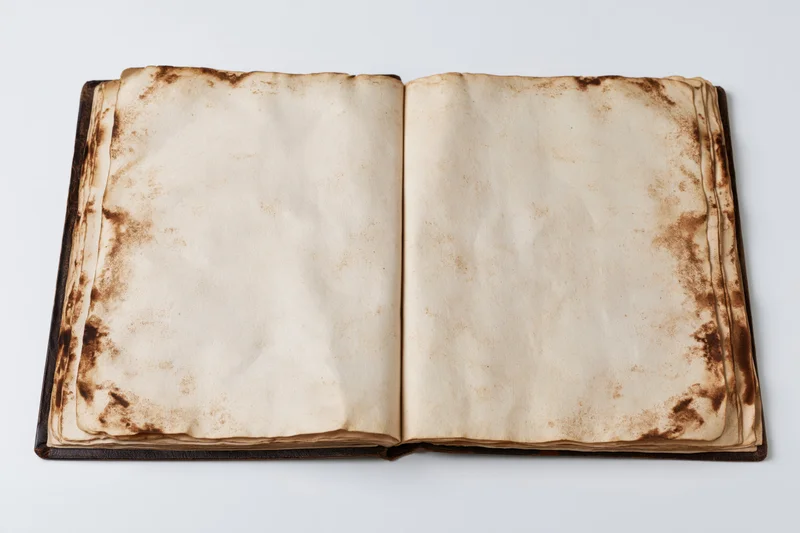 Open antique book with blank stained pages lying flat on white background