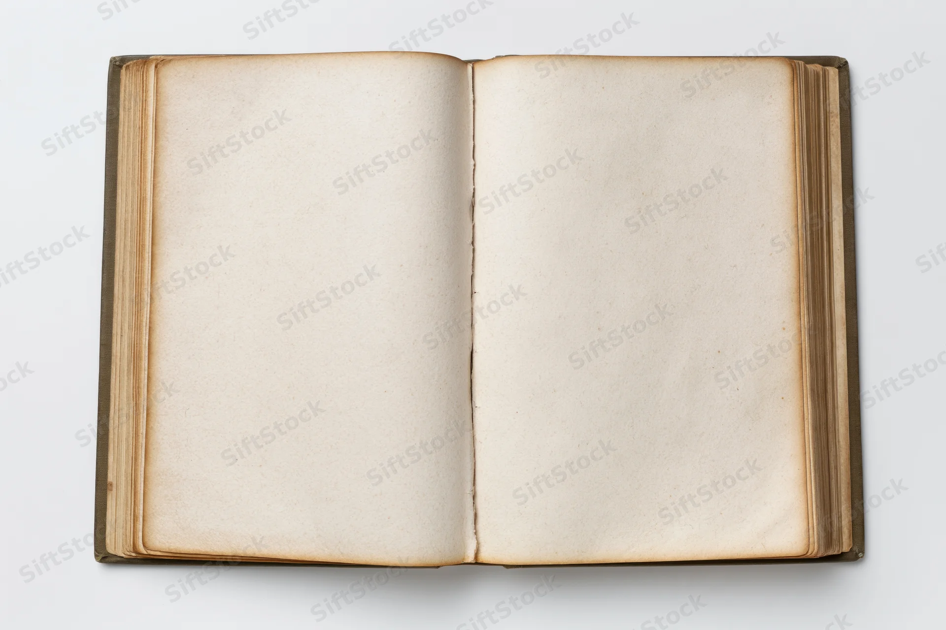 Open hardcover book with blank aged pages lying flat on white surface