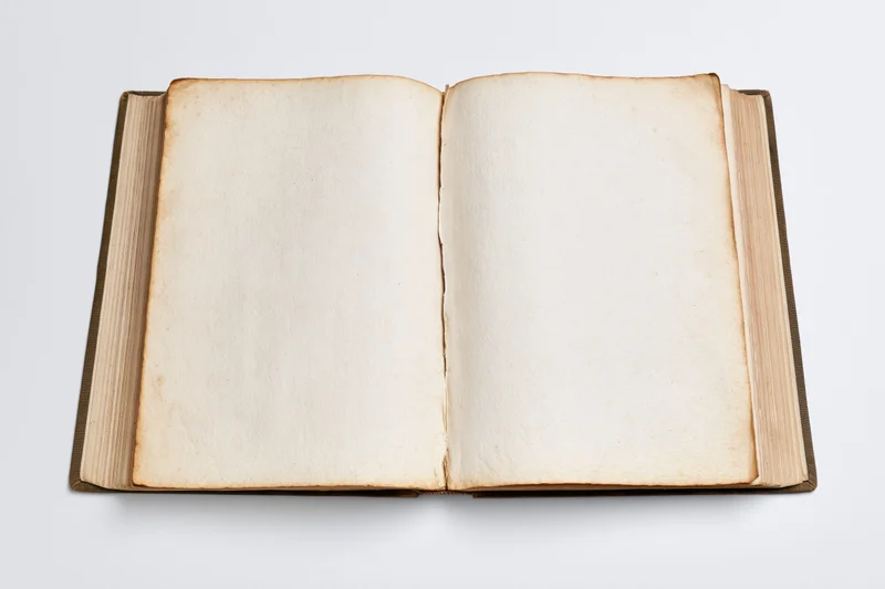 Open hardcover book with blank aged pages lying flat on white surface