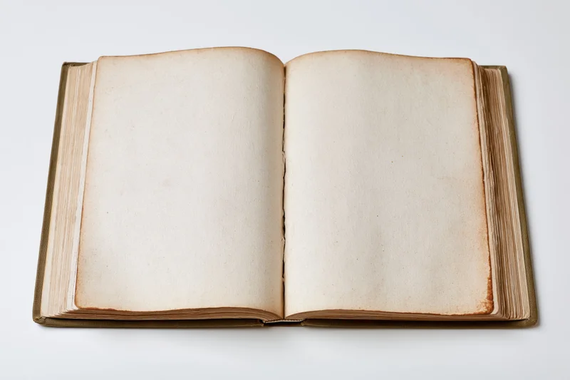 Open hardcover book with blank aged pages lying flat on white surface