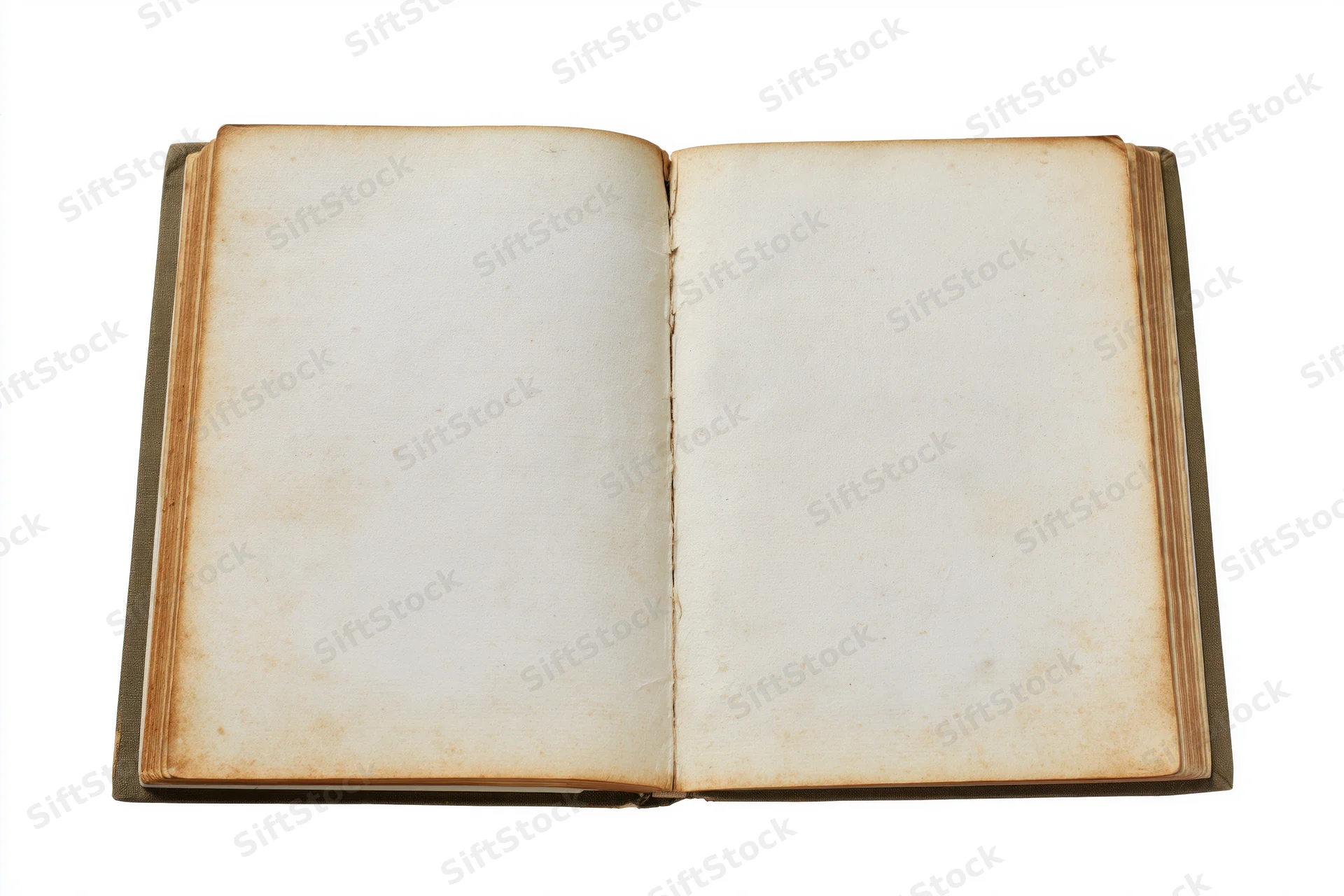 Open hardcover book with blank aged pages lying flat on white surface