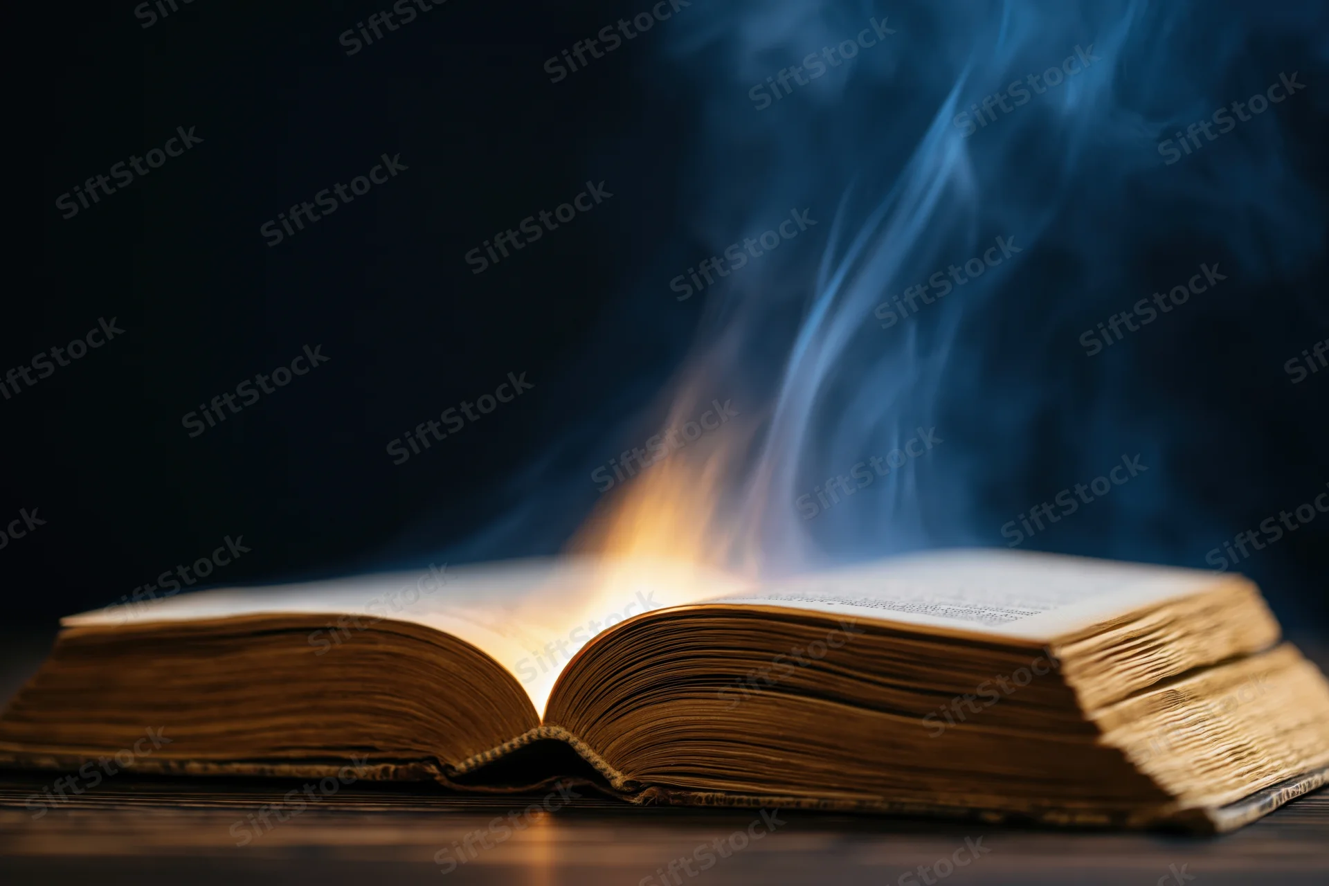 Open antique book glowing with smoke rising from its pages on dark wooden surface