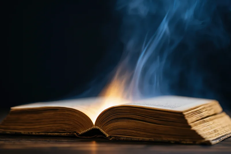 Open antique book glowing with smoke rising from its pages on dark wooden surface