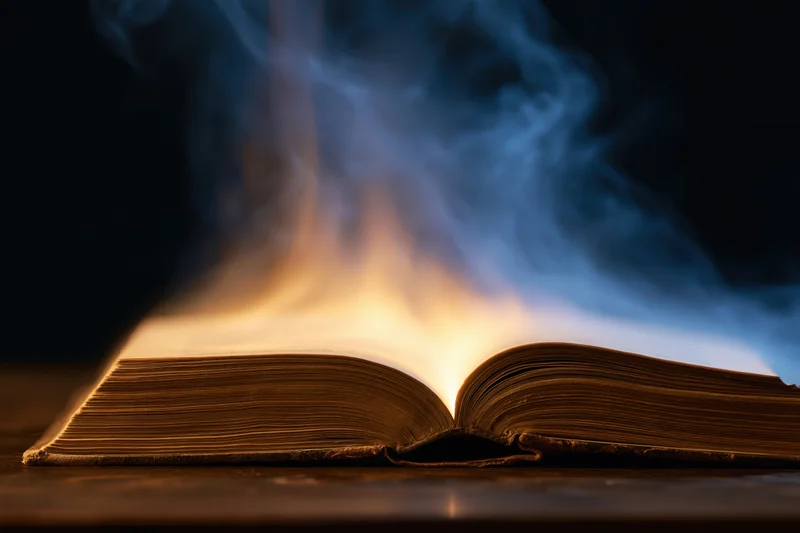 Open antique book burning with blue and orange flames on dark wooden surface