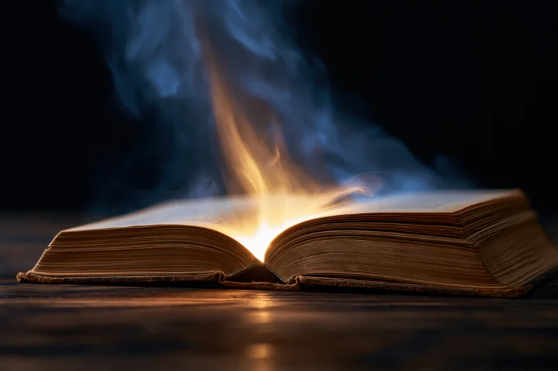 Open antique book glowing with flame and smoke on dark wooden surface