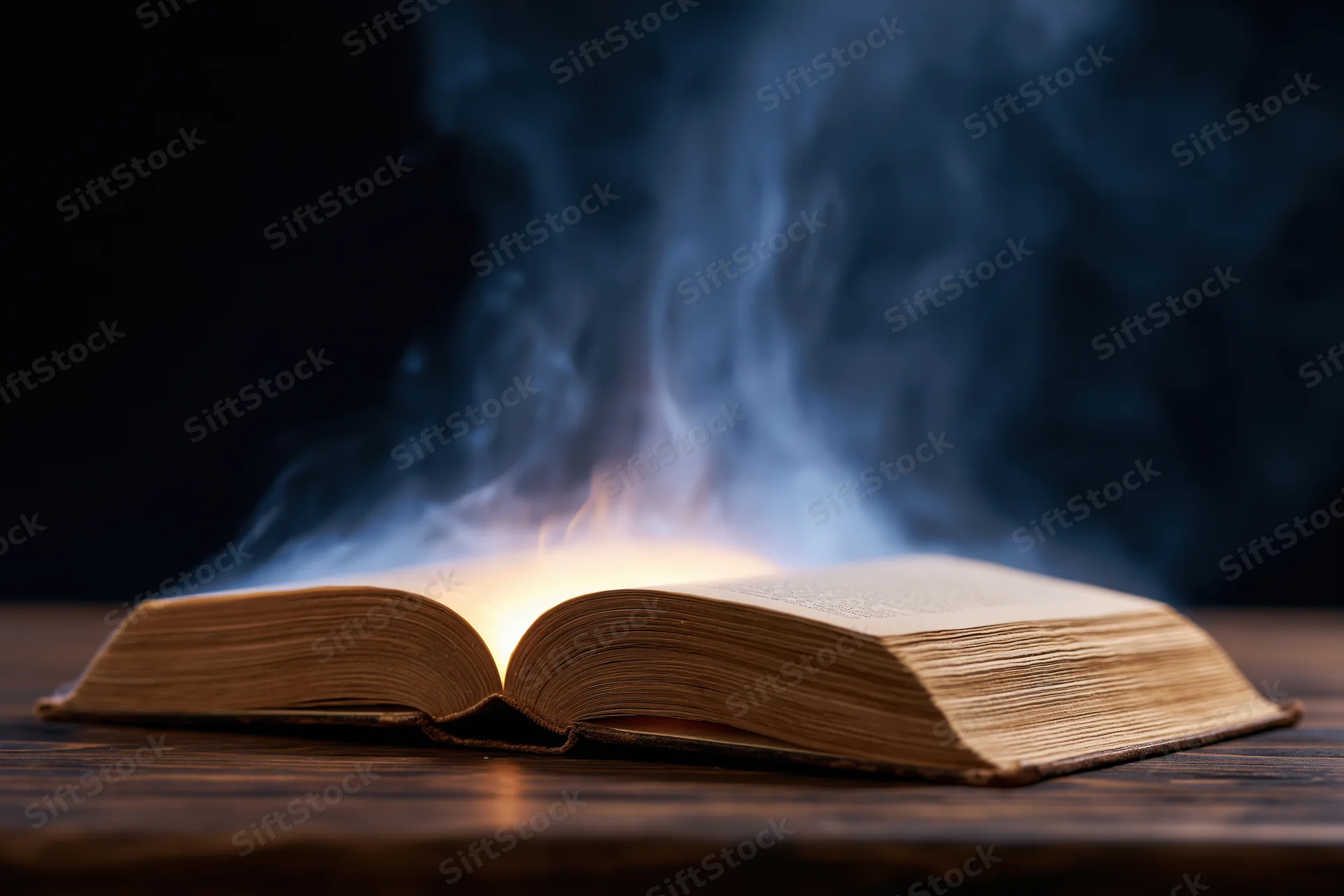 Open antique book glowing with smoke rising from its pages on dark wooden surface