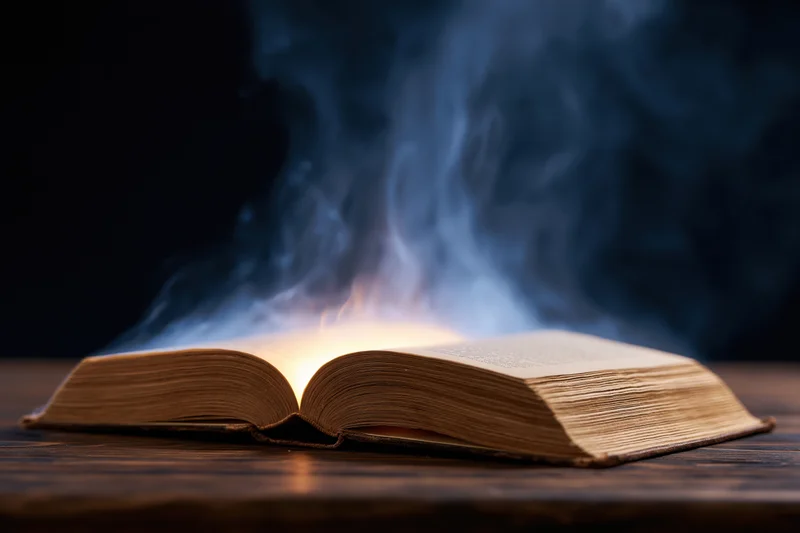 Open antique book glowing with smoke rising from its pages on dark wooden surface