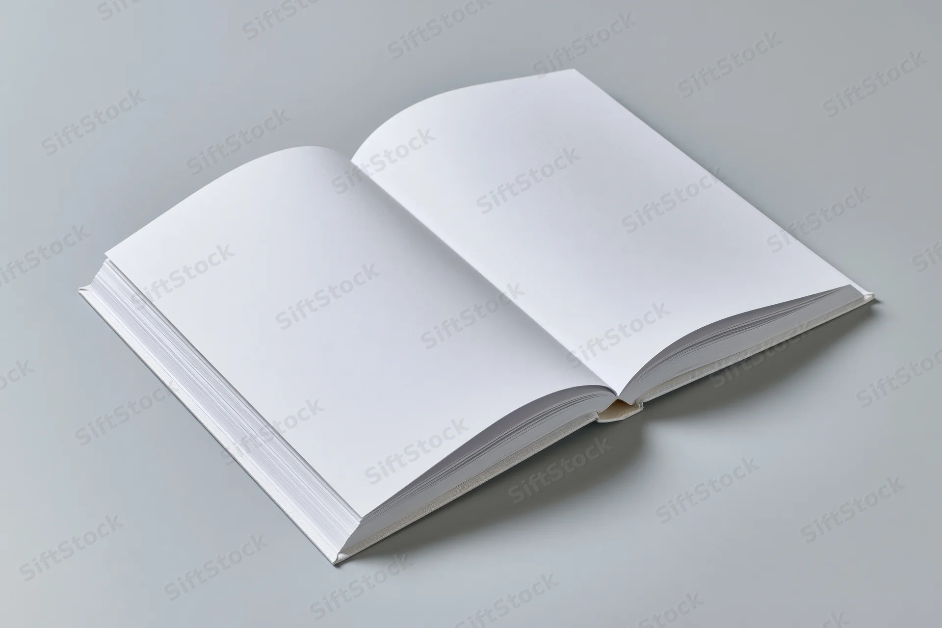 Open hardcover book with blank white pages lying flat on gray surface