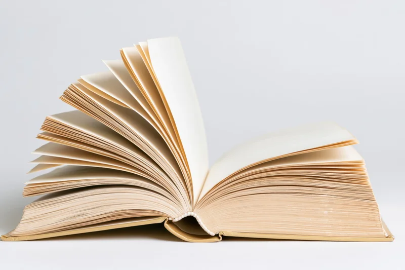 Open hardcover book with pages fanned out on white background