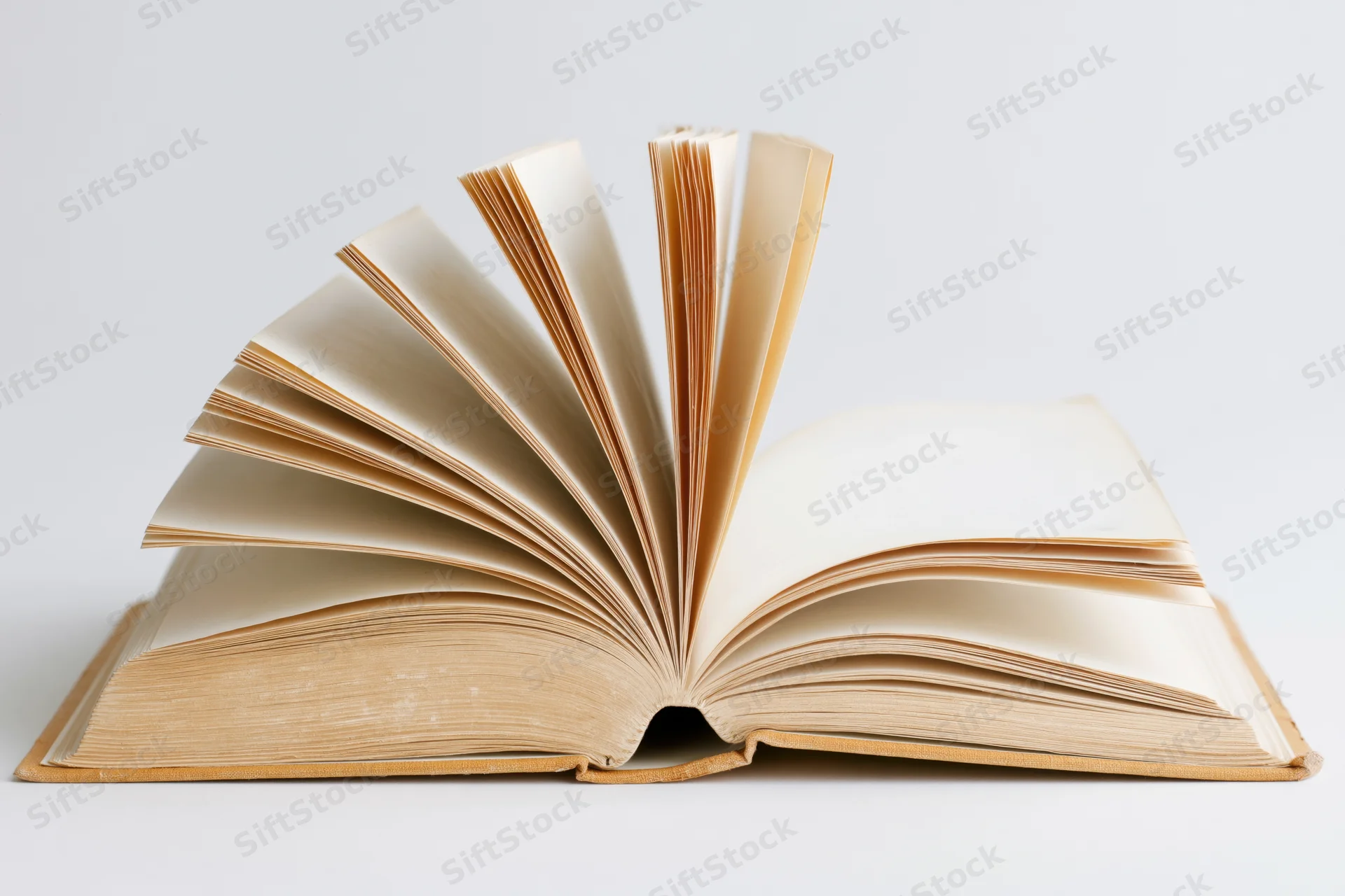 Open hardcover book with pages fanned out on white background