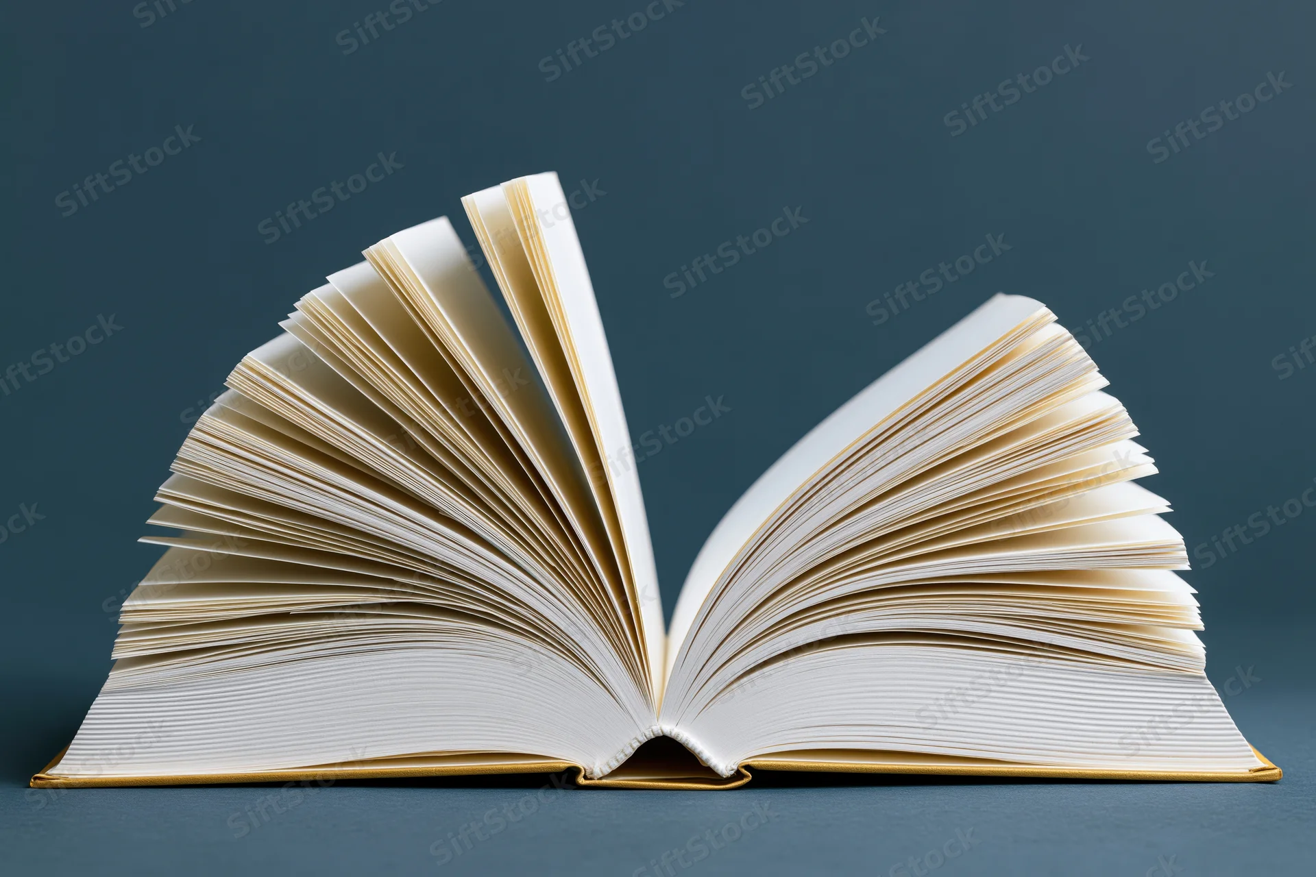 Open hardcover book with pages fanned wide centered low on flat surface