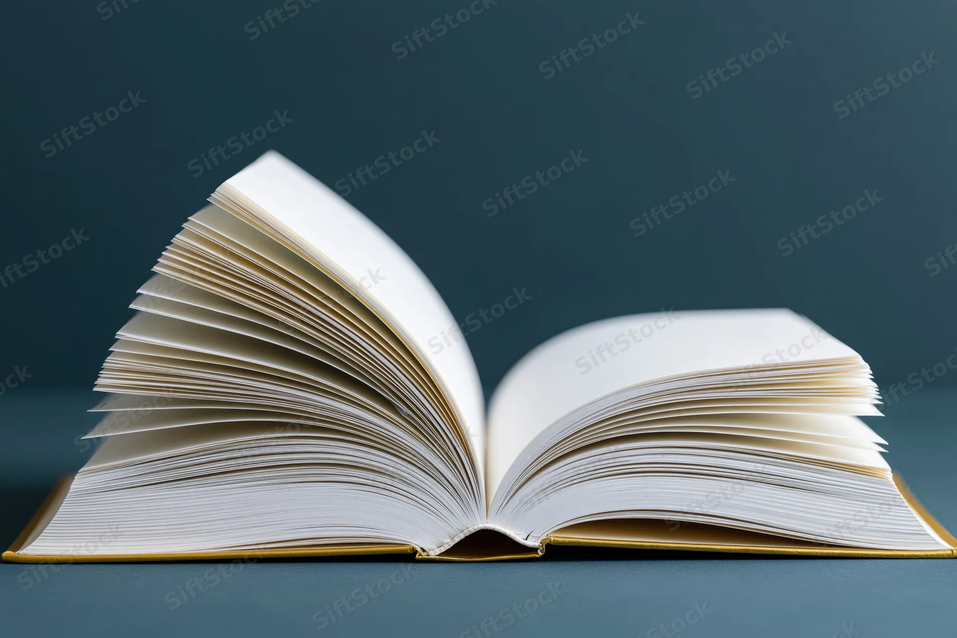 Open hardcover book with pages fanned wide on blue surface