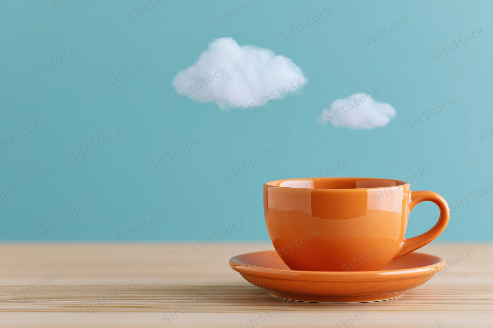 Orange ceramic coffee cup and saucer on light wooden table with blue background and white clouds above