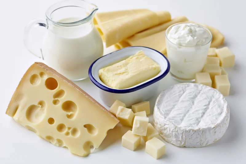 Assorted dairy products arranged on a white surface including cheese, milk, butter, and yogurt