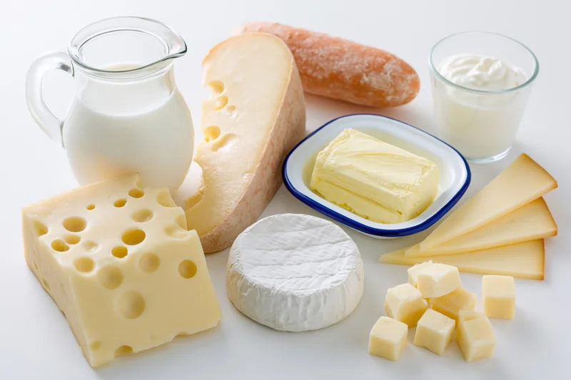 Assorted dairy products arranged on a white surface including cheese, milk, butter, and yogurt