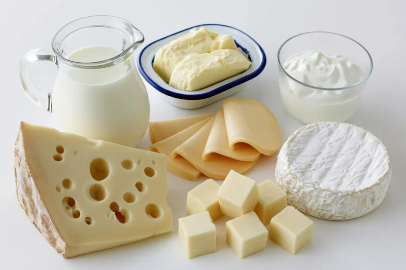 Assorted dairy products arranged on a white surface including cheese, milk, yogurt, and butter in glass and ceramic containers