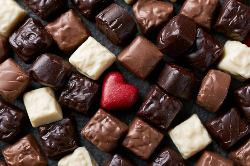 Assorted chocolates and pralines densely arranged with a red heart on dark surface