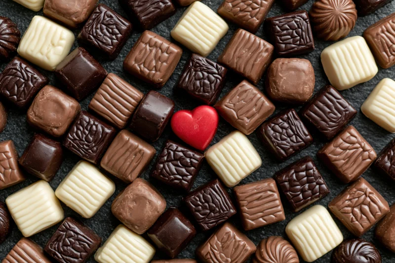 Assorted chocolates and pralines densely arranged with a red heart in center on dark surface