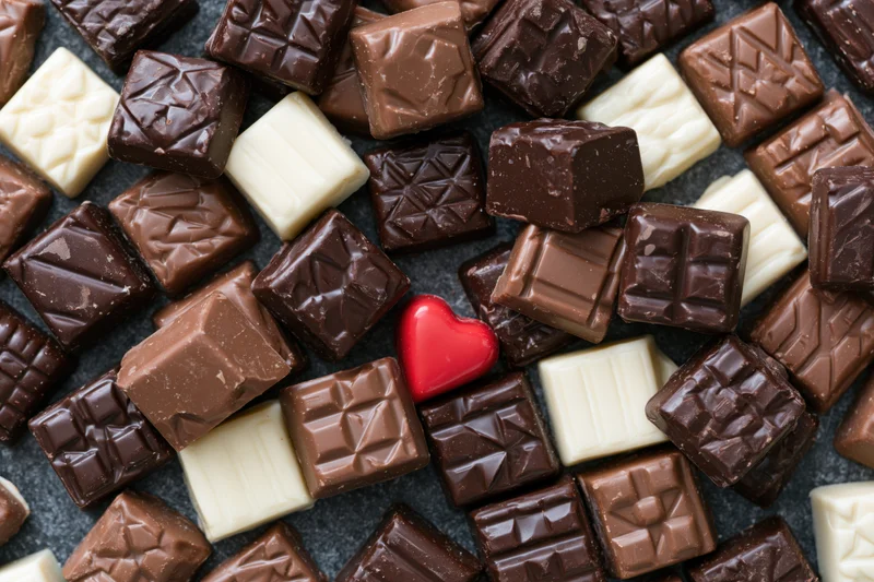 Assorted chocolate pieces arranged densely with a red heart in the center on dark surface