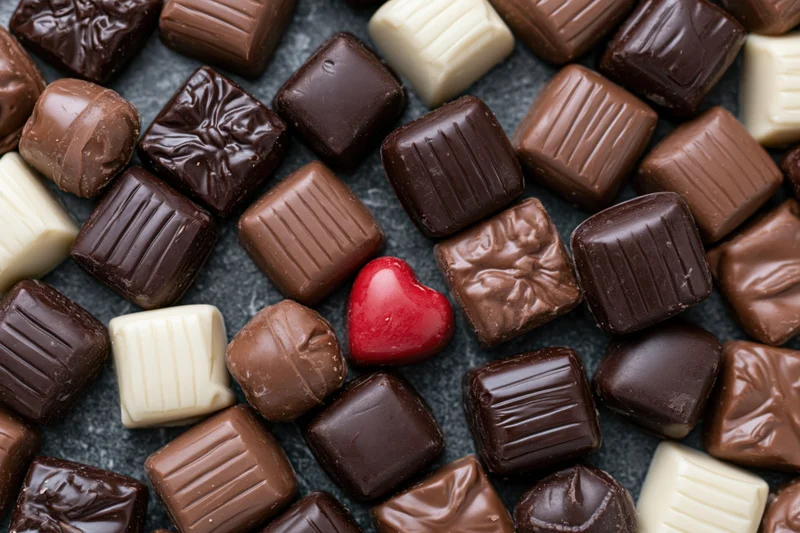 Assorted premium chocolates and pralines densely arranged on dark surface with single red heart-shaped candy in center