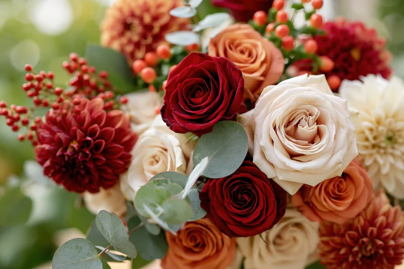 Autumn wedding bouquet of red cream and orange roses with dahlias and eucalyptus greenery