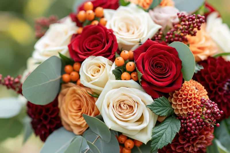 Autumn wedding bouquet of red cream and orange roses with eucalyptus and berries