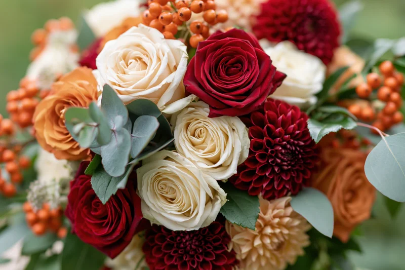 Autumn wedding bouquet of red cream and orange roses with dahlias and eucalyptus greenery