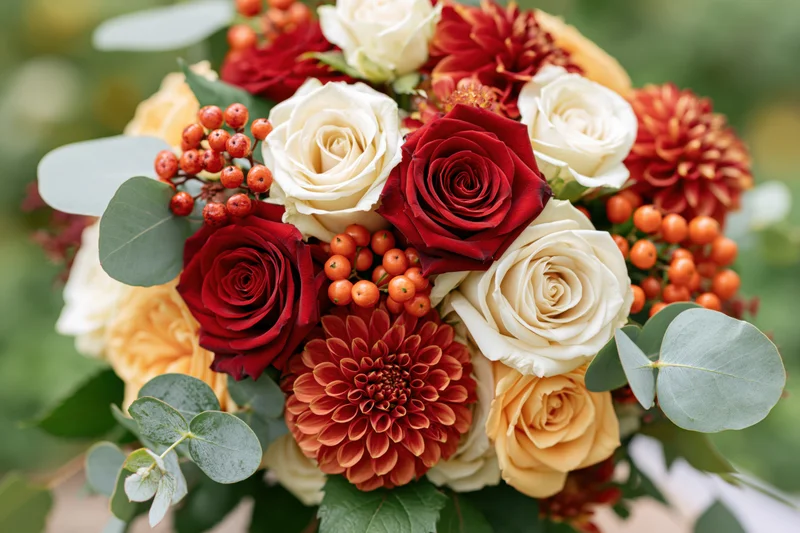 Autumn wedding bouquet with red cream and orange roses and dahlia flowers arranged with berries and eucalyptus leaves