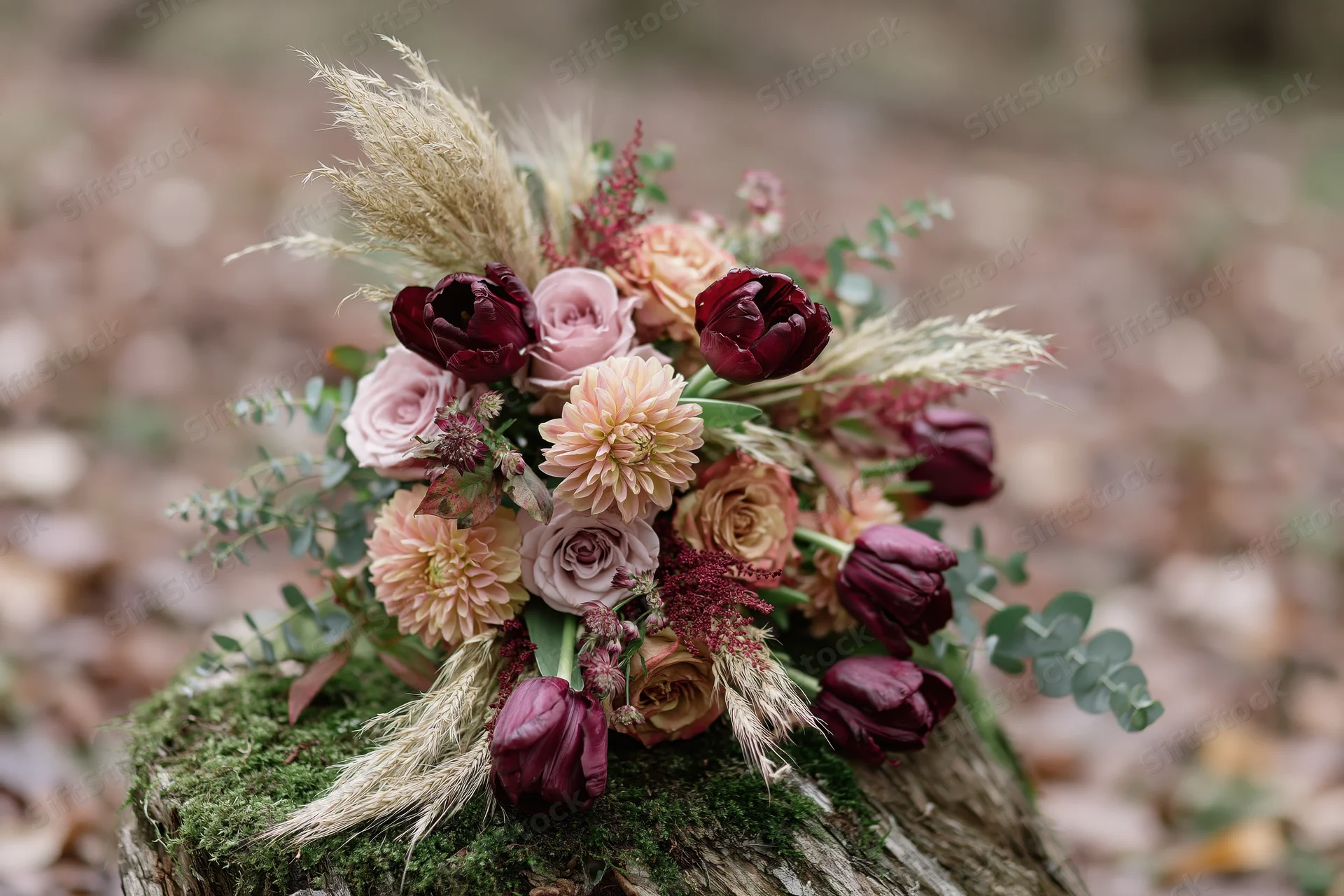 Autumn wedding bouquet with roses, tulips and pampas grass resting on a moss-covered wooden stump