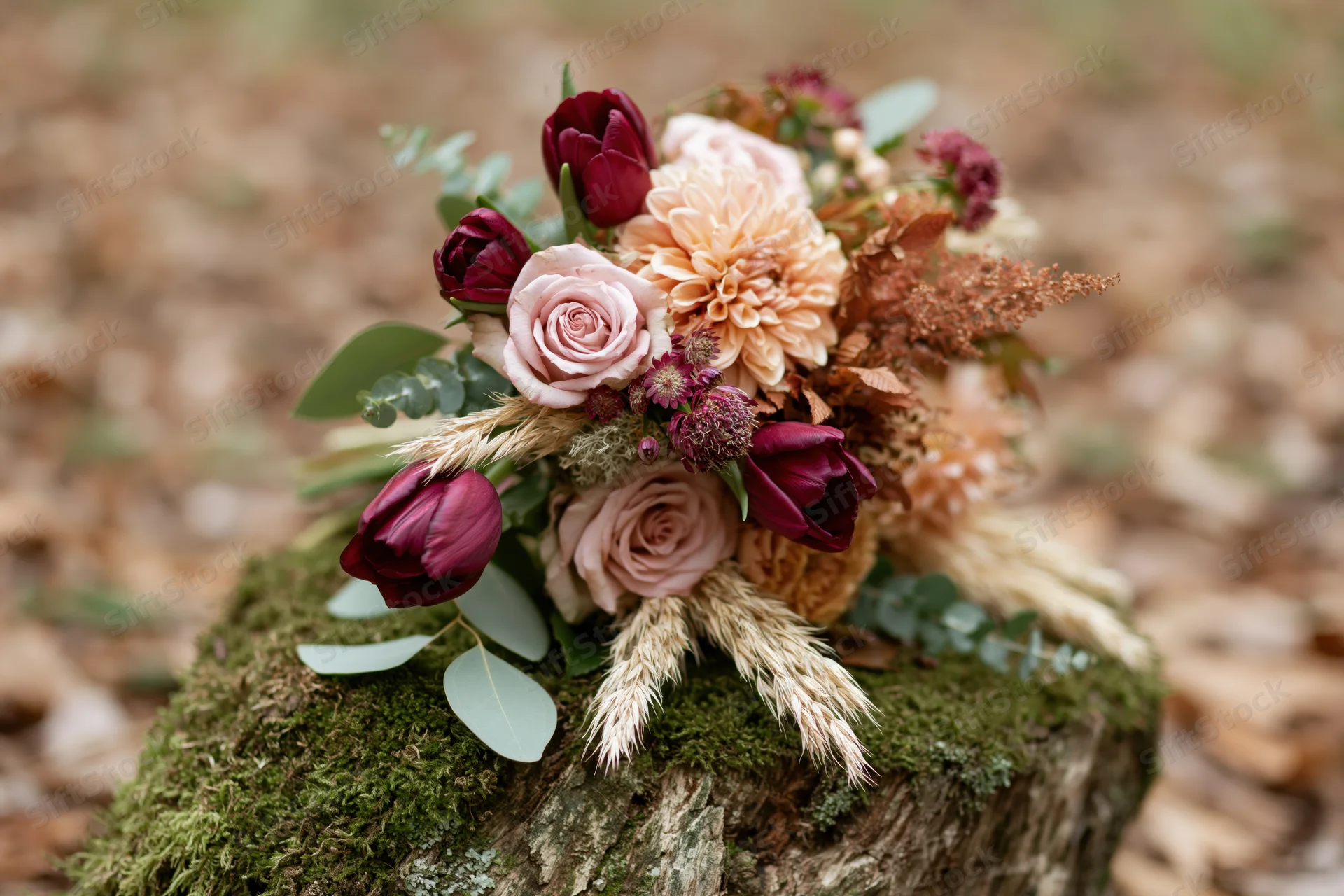 Autumn wedding bouquet resting on moss-covered wooden stump in forest setting
