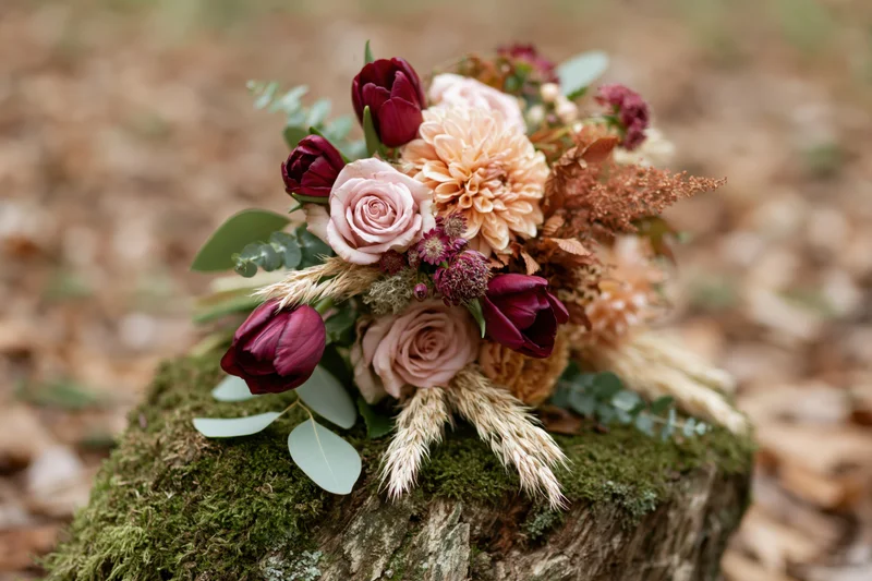 Autumn wedding bouquet resting on moss-covered wooden stump in forest setting