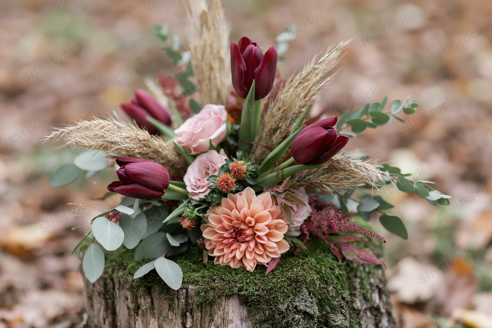 Autumn wedding bouquet arranged with tulips, dahlias, and pampas grass on a moss-covered wooden stump