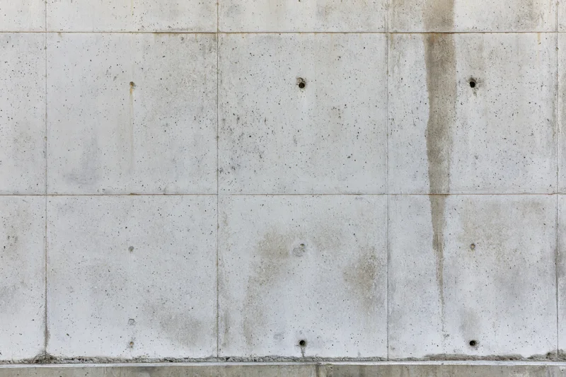 Bare concrete wall with formwork grid lines and small holes, exterior surface of a building under construction