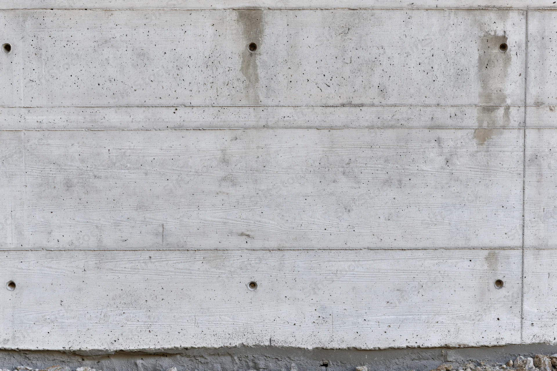 Bare concrete wall with formwork panel grid lines and small circular holes arranged horizontally and vertically