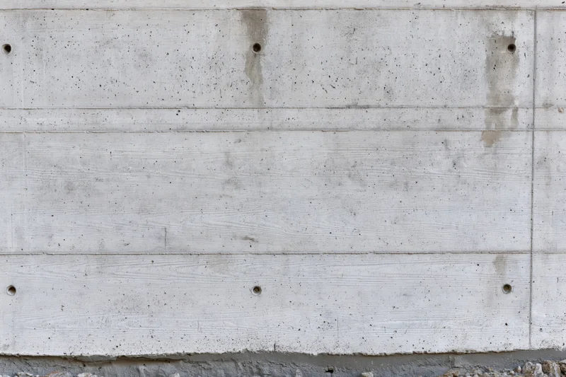 Bare concrete wall with formwork panel grid lines and small circular holes arranged horizontally and vertically
