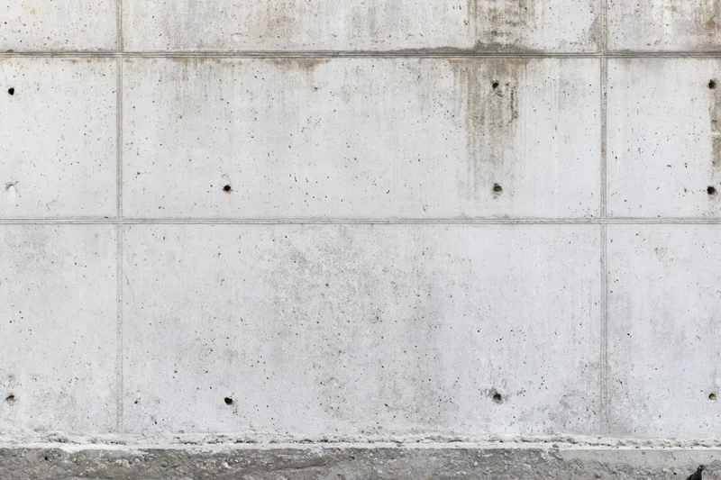 Bare concrete wall with formwork grid lines and small holes arranged in a panel pattern