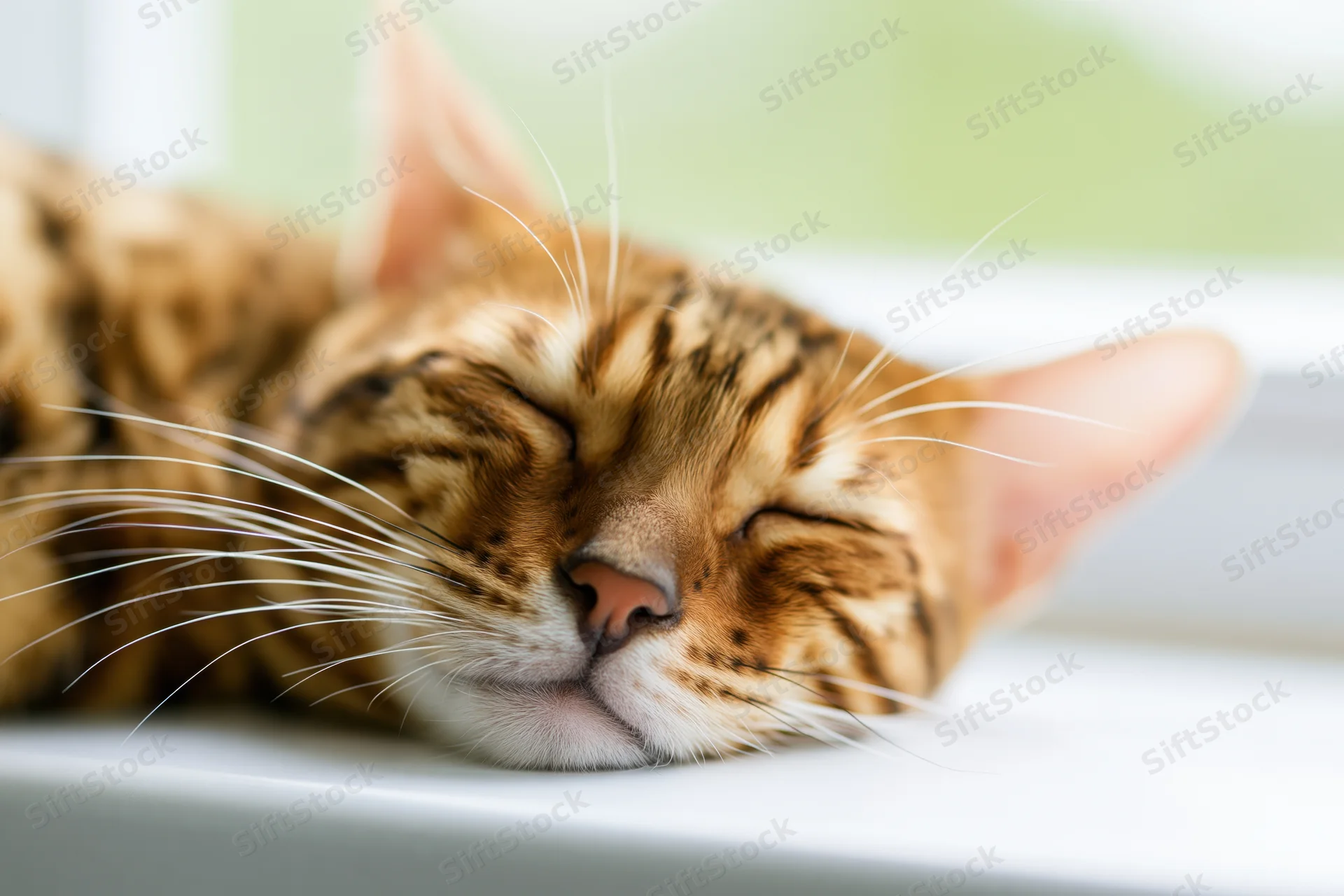 Bengal cat sleeping with head resting flat on windowsill