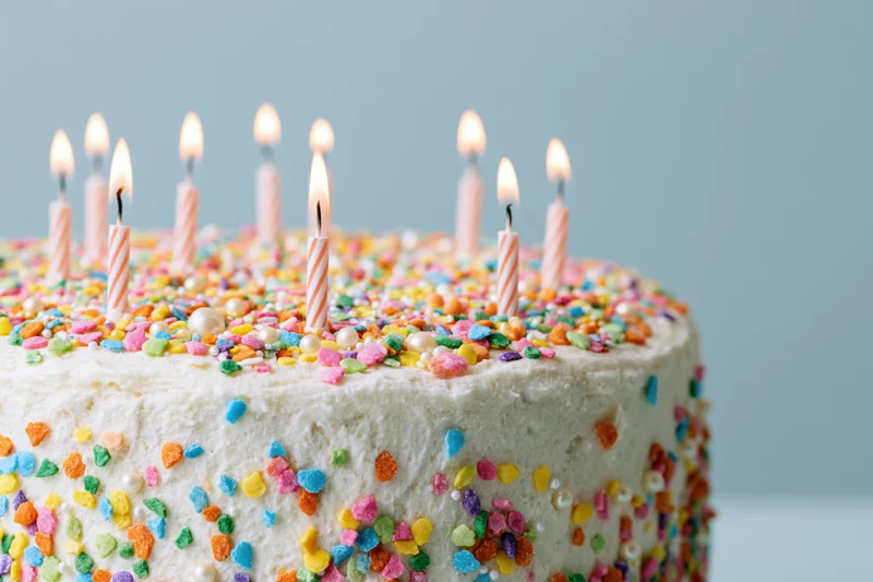 Birthday cake with white frosting and colorful sprinkles topped with lit candles, close-up view against a plain background