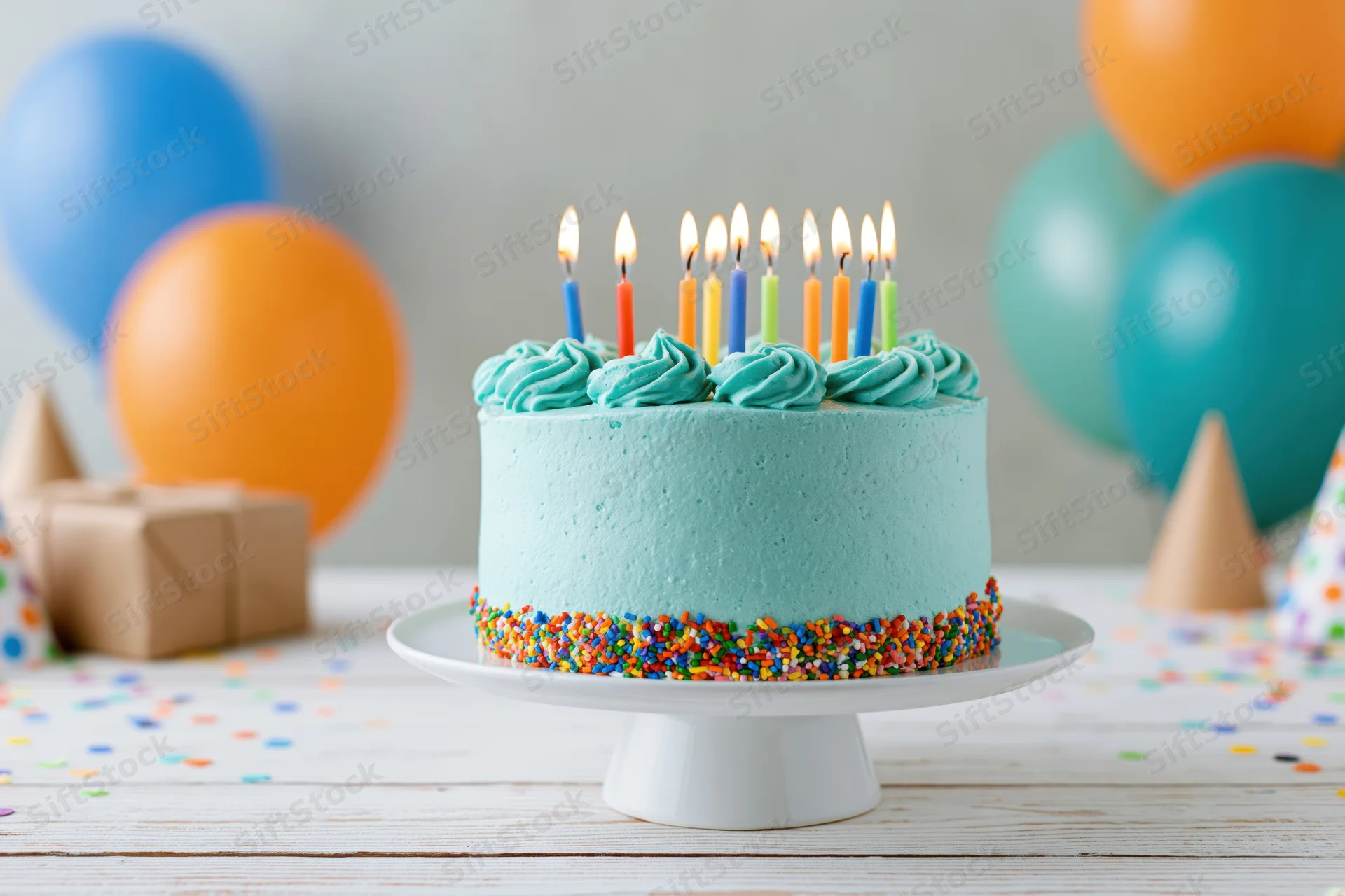 Birthday cake with lit colorful candles on a white cake stand surrounded by balloons and party decorations