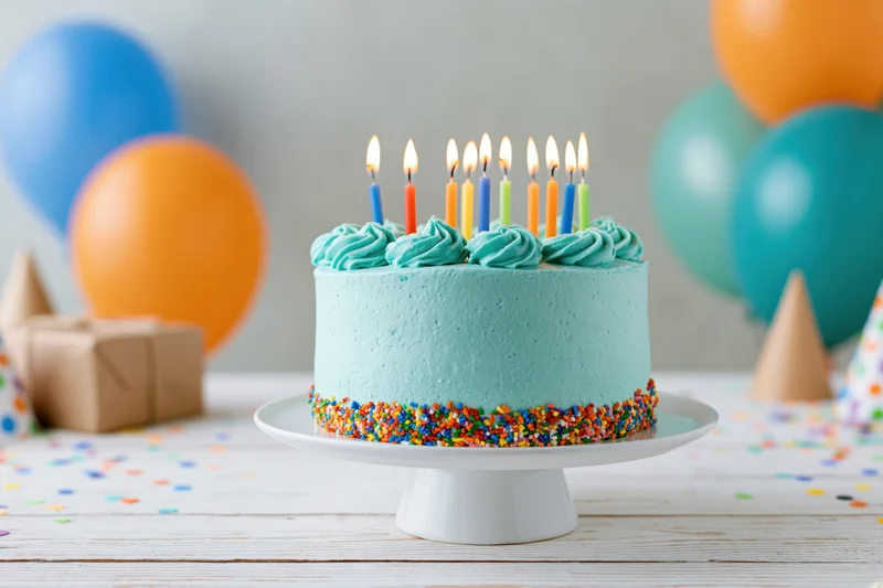 Birthday cake with lit colorful candles on a white cake stand surrounded by balloons and party decorations