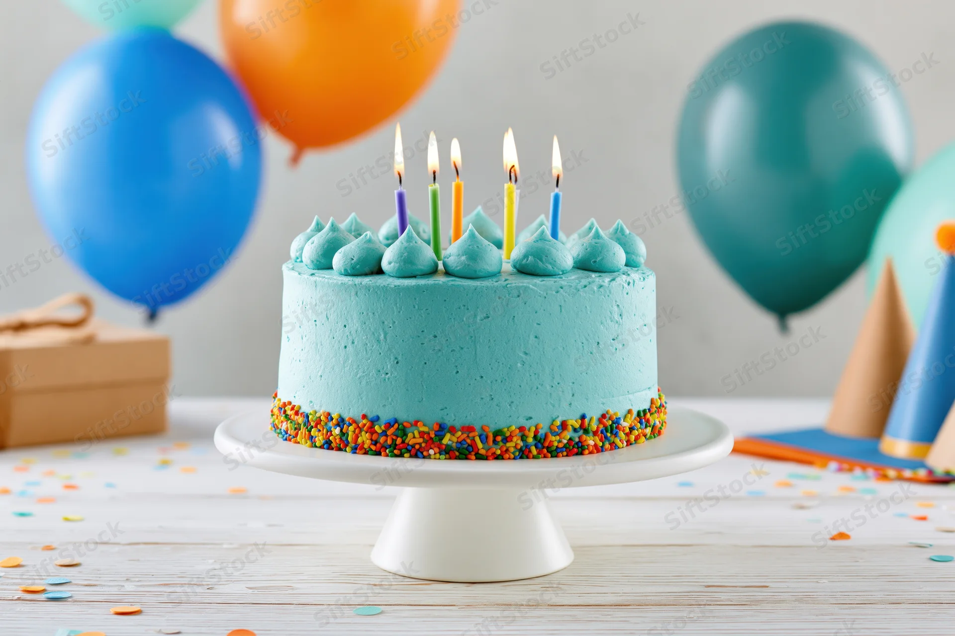 Birthday cake with lit colorful candles on a white cake stand surrounded by balloons and party decorations on a wooden table