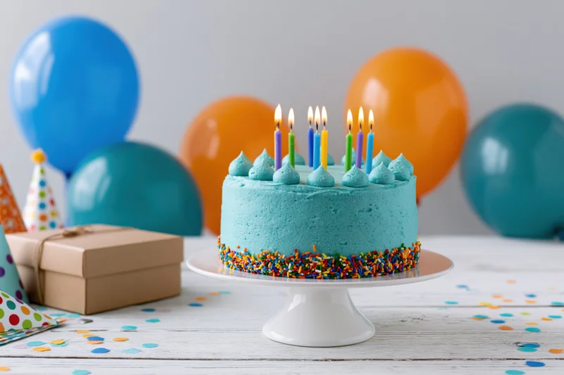 Birthday cake with lit colorful candles on a white cake stand surrounded by balloons and gifts on a wooden table