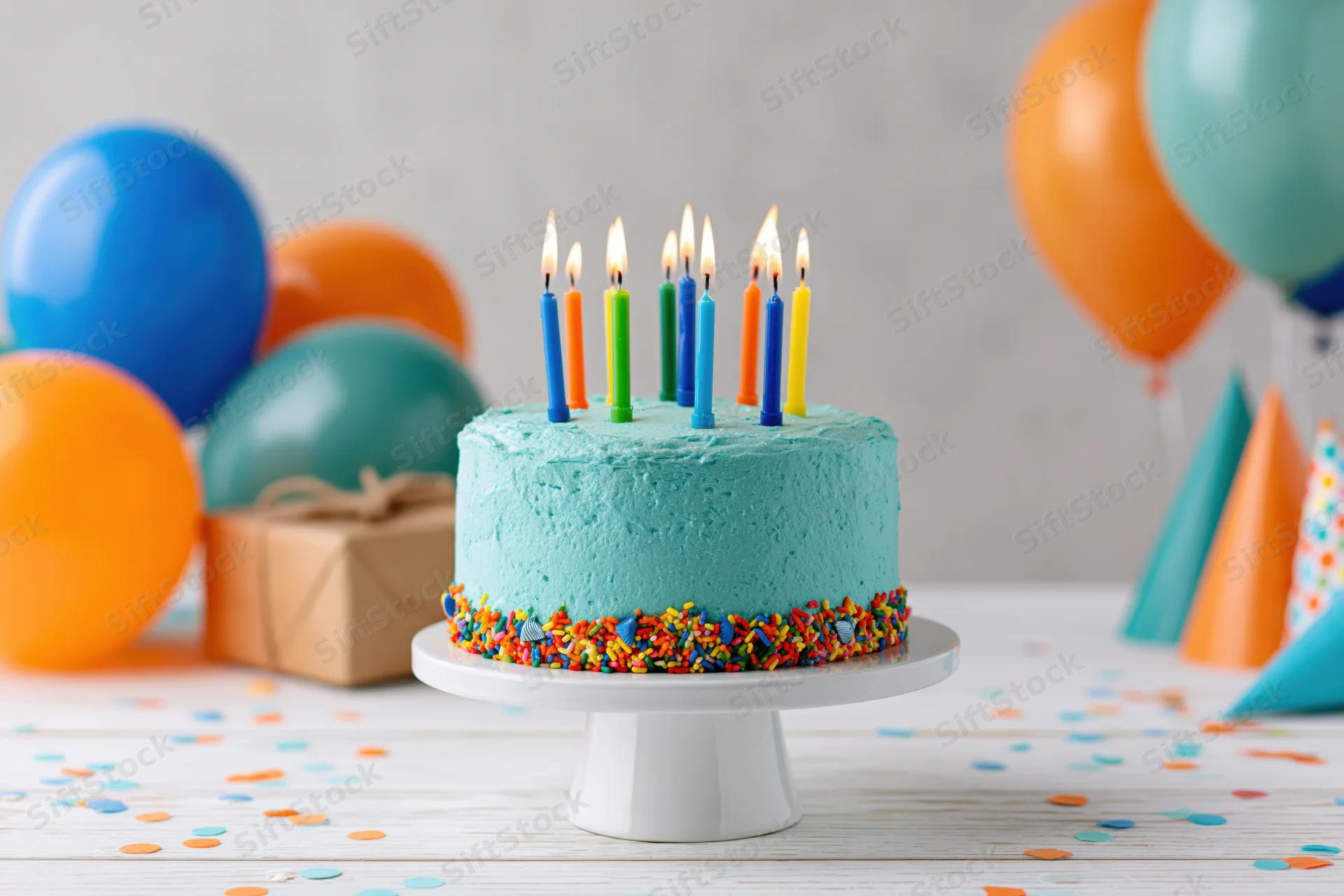 Birthday cake with lit colorful candles on white cake stand surrounded by balloons and party decorations on wooden table